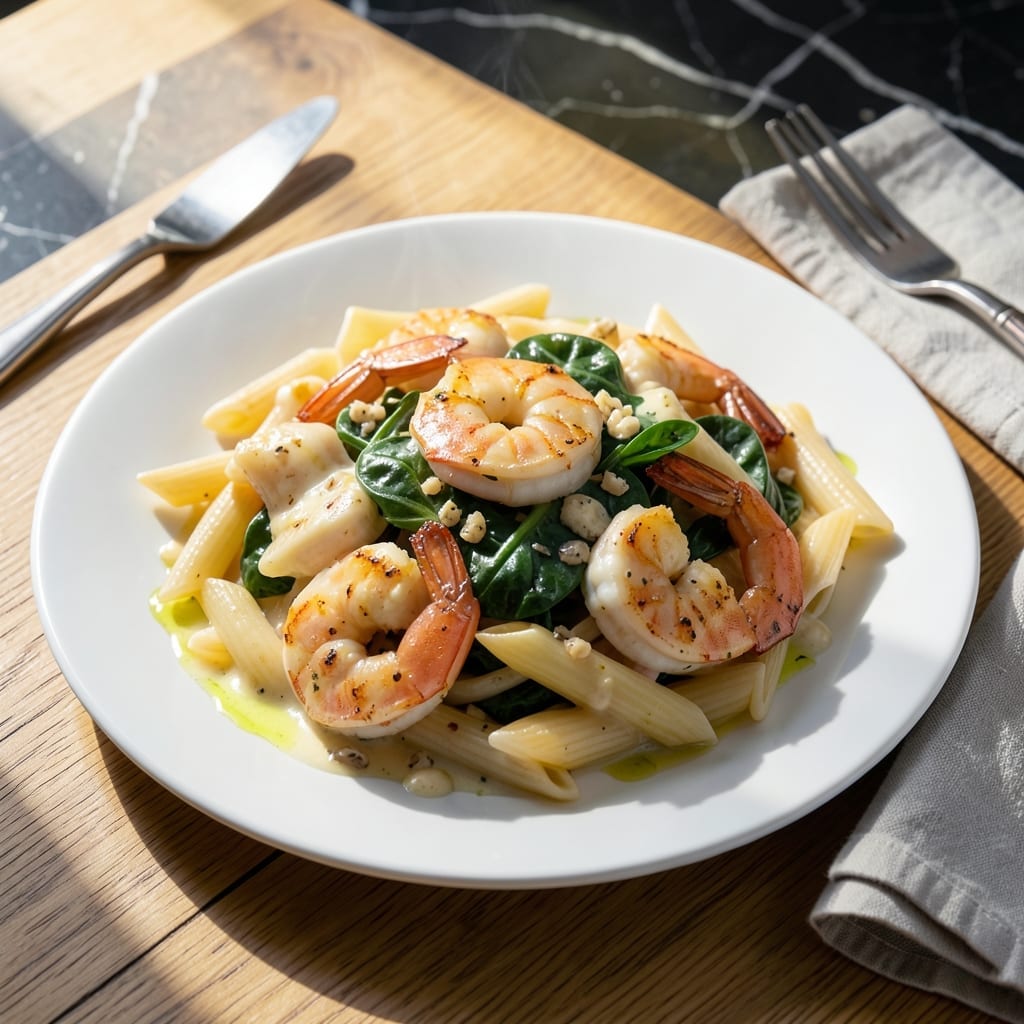 Recipe for Cheese Shrimp Penne Pasta and Spinach: Creamy Garlic-Infused One-Pot Meal