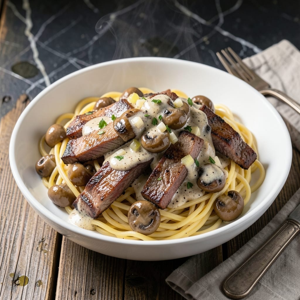 Homemade Beef Stroganoff With Mushrooms Recipe: Egg Noodles in Creamy Sauce Homemade Beef Stroganoff With Mushrooms Recipe: Egg Noodles in Creamy Sauce