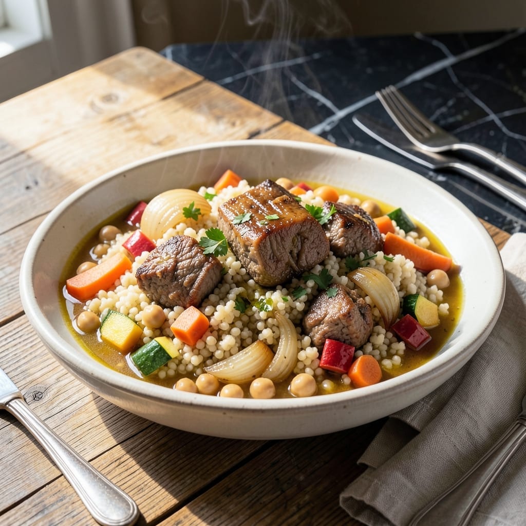 Lebanese Couscous Recipe: Pearl-Like Grains With Spiced Lamb and Caramelized Vegetables Lebanese Couscous Recipe: Pearl-Like Grains With Spiced Lamb and Caramelized Vegetables