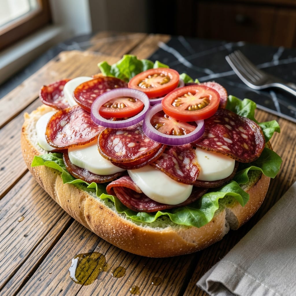 Italian Hoagie Recipe: Layered Meats and Cheese on Fresh Baked Bread Italian Hoagie Recipe: Layered Meats and Cheese on Fresh Baked Bread