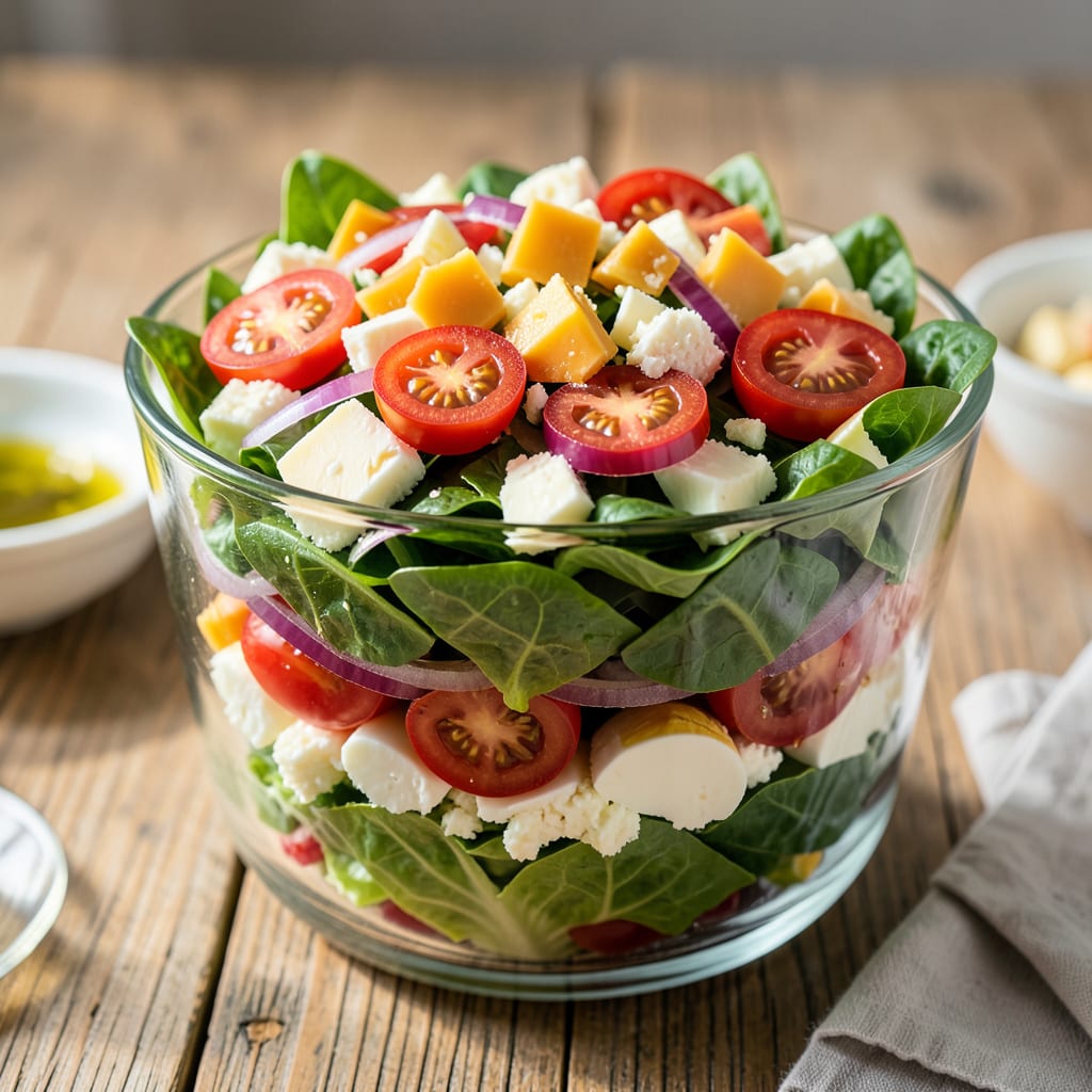 7 layer salad recipe without peas illustration with key details