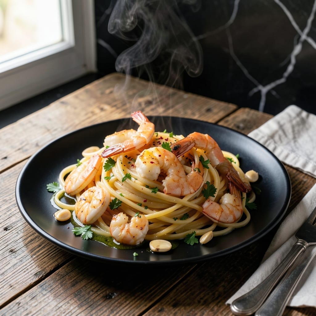 Recipe For Shrimp Scampi With Noodles: Garlicky Butter Sauce on Silky Strains