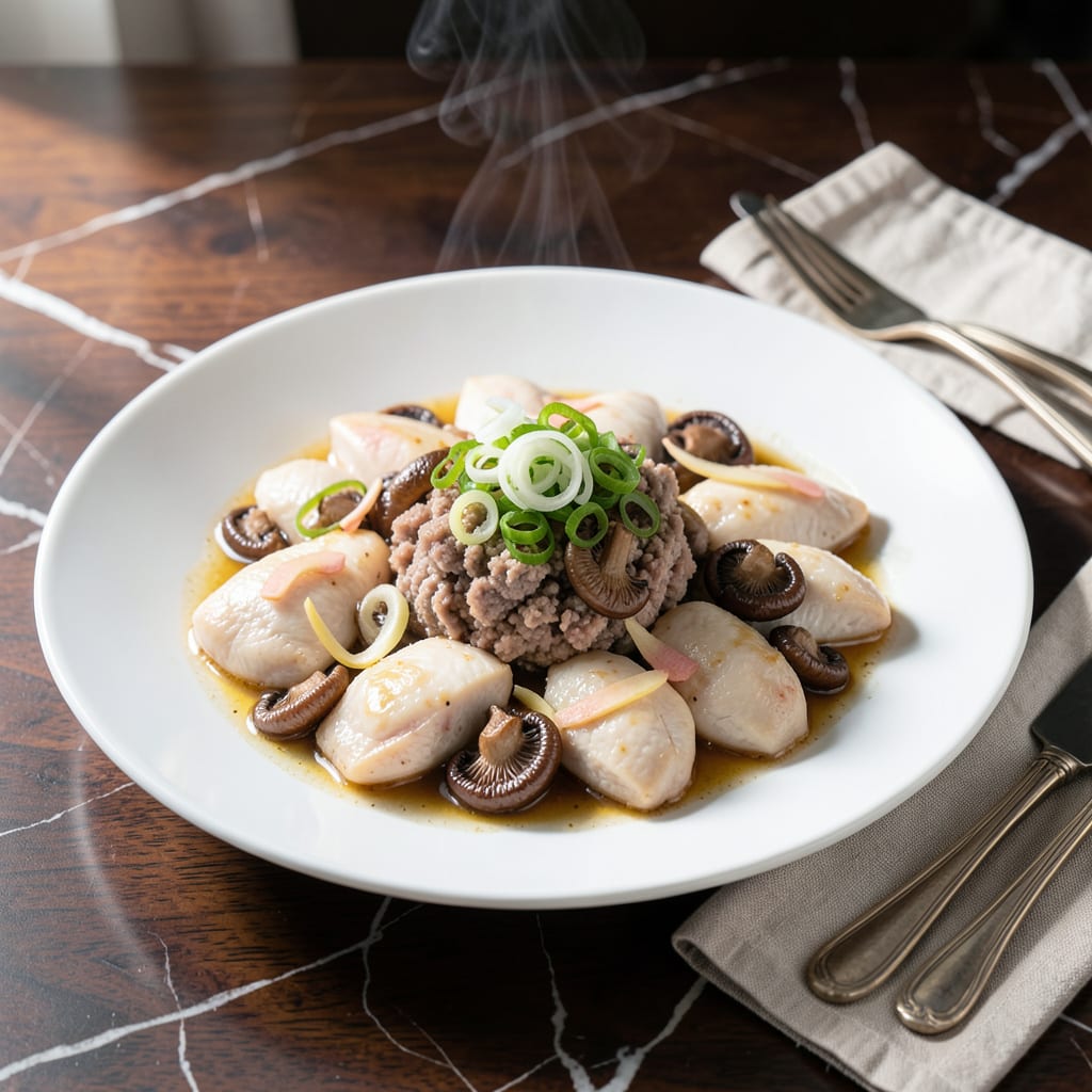 Visual representation of Asian Steamed Chicken Recipe: Pork and Mushroom Cantonese Style