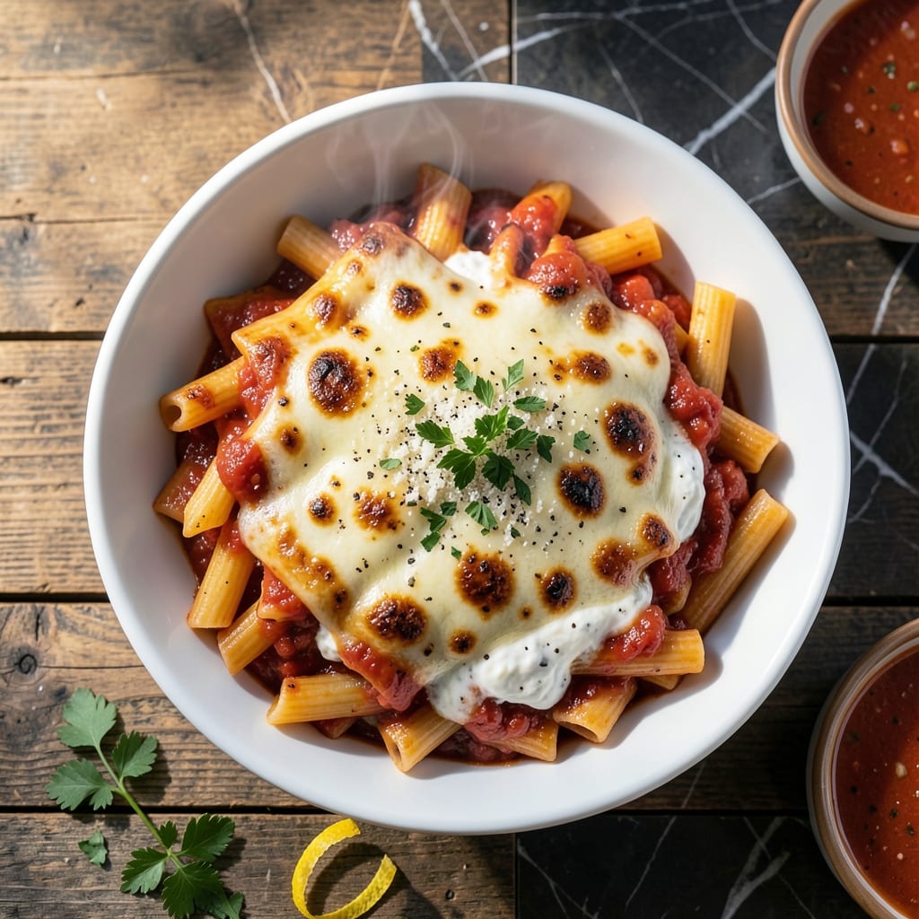 Baked Ziti Recipe No Meat: Three Cheese Sauce and Al Dente Pasta illustration with key details