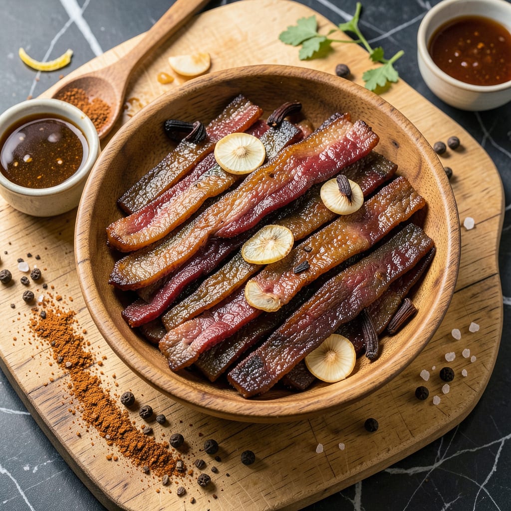 BBQ Beef Jerky Recipe: Smoky, Chewy Homemade Snack Perfection illustration with key details