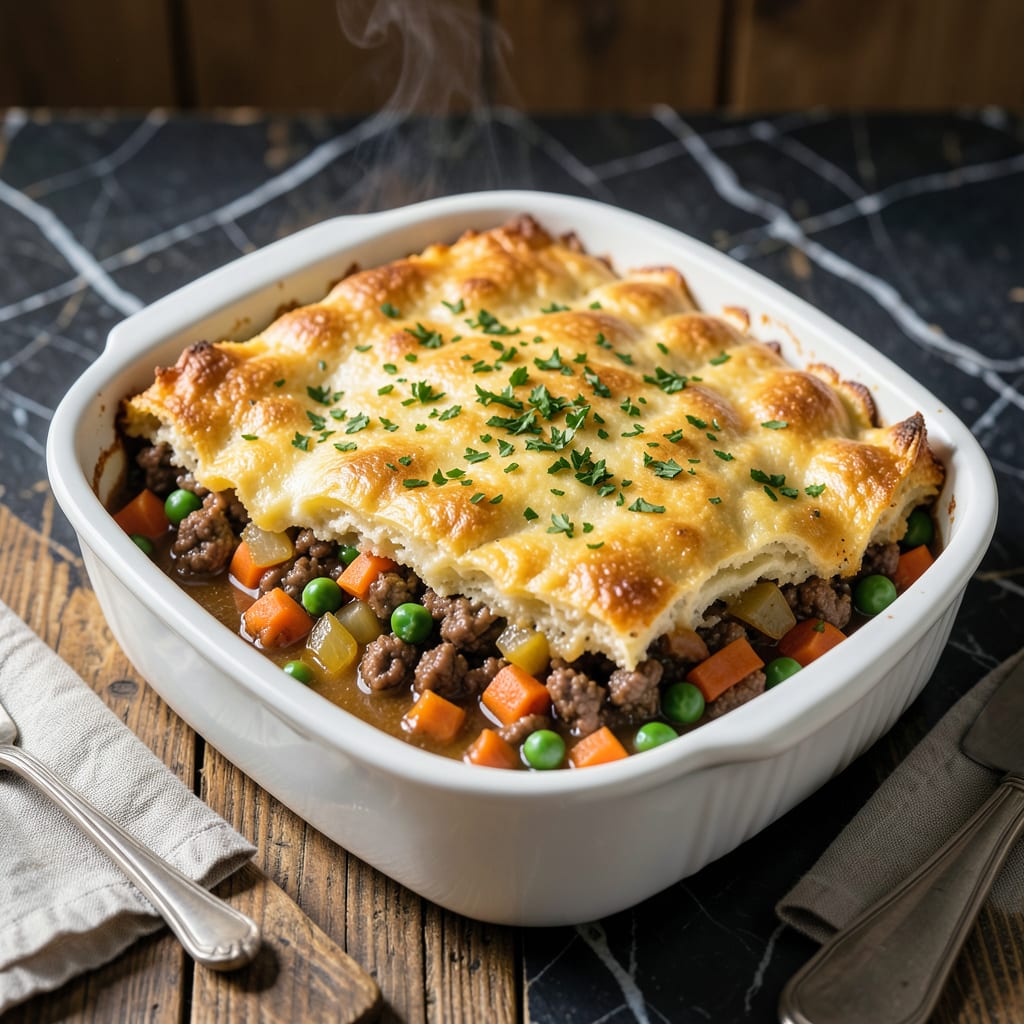 Bisquick Shepherd's Pie Recipe: Savory Filling With Fluffy Biscuit Topping illustration with key details