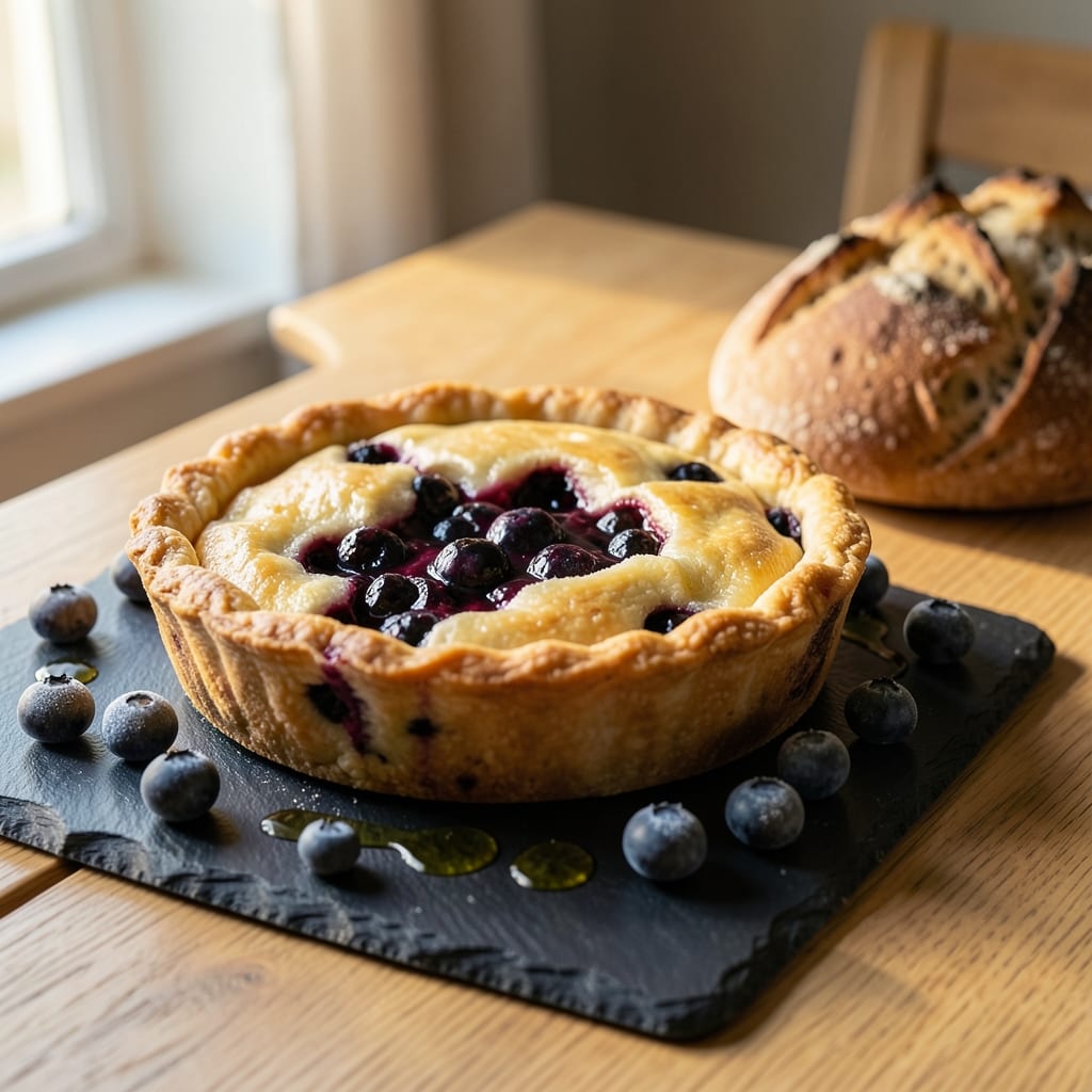 Visual representation of blueberry pie recipe with frozen blueberries