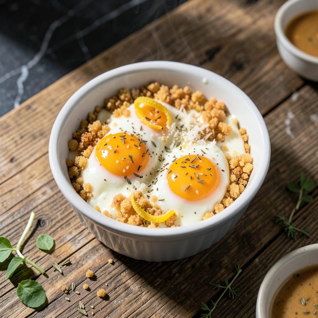 Baked Eggs Recipe Ramekin: Runny Yolk Nestled in Crispy Bread Crumbs