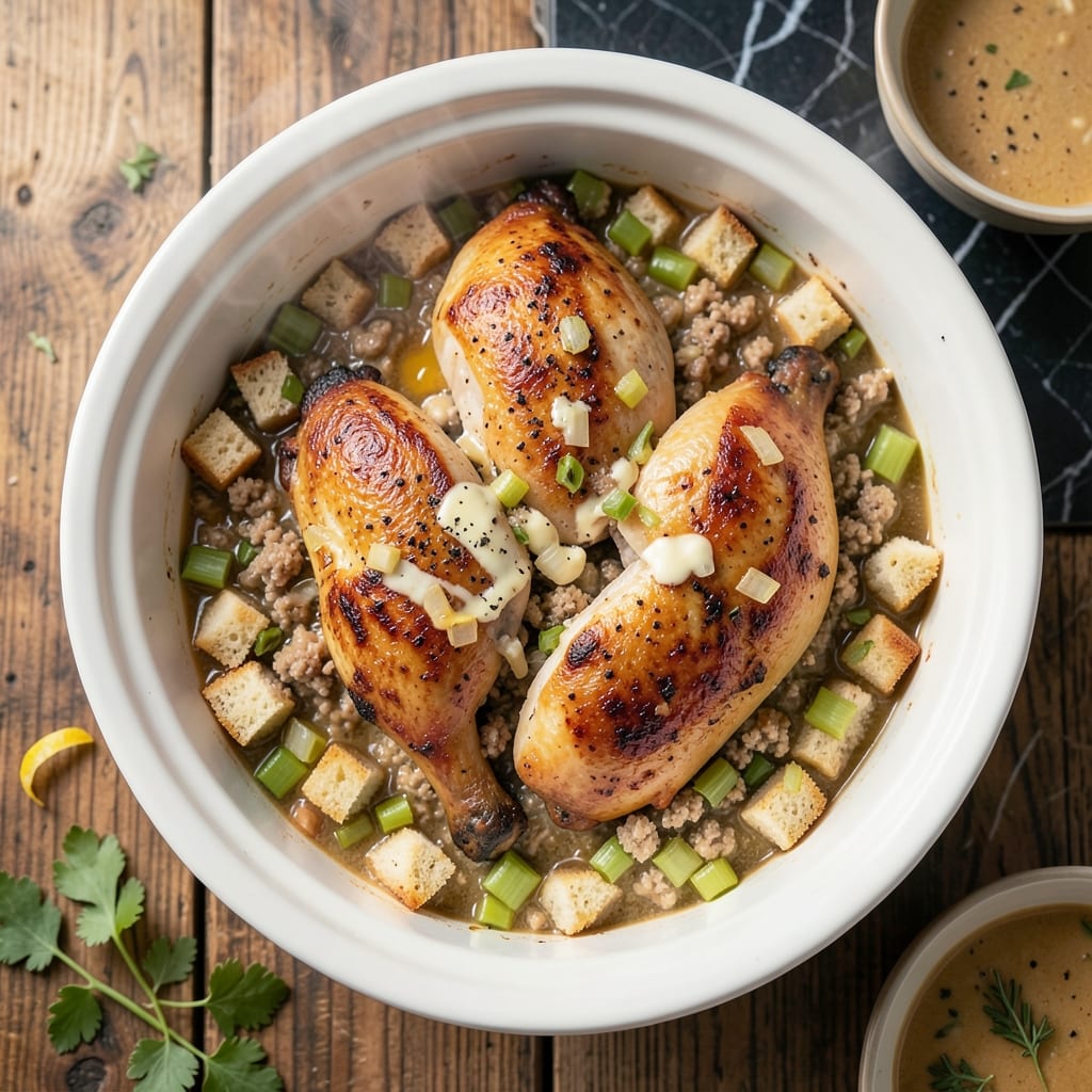 chicken and dressing recipe in crock pot illustration with key details
