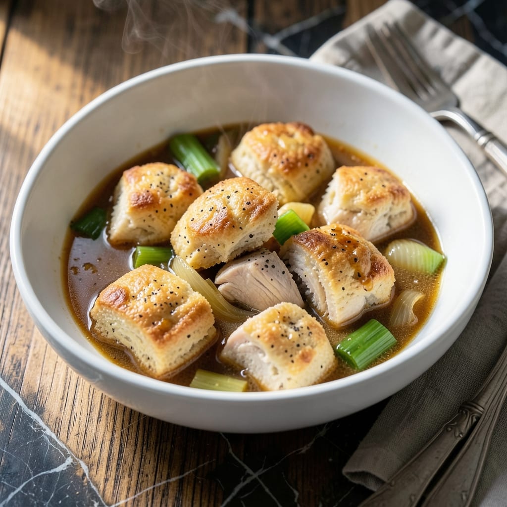 Chicken And Dumplings Recipe With Canned Biscuits: Fluffy Pillows Soaking in Rich Broth illustration with key details