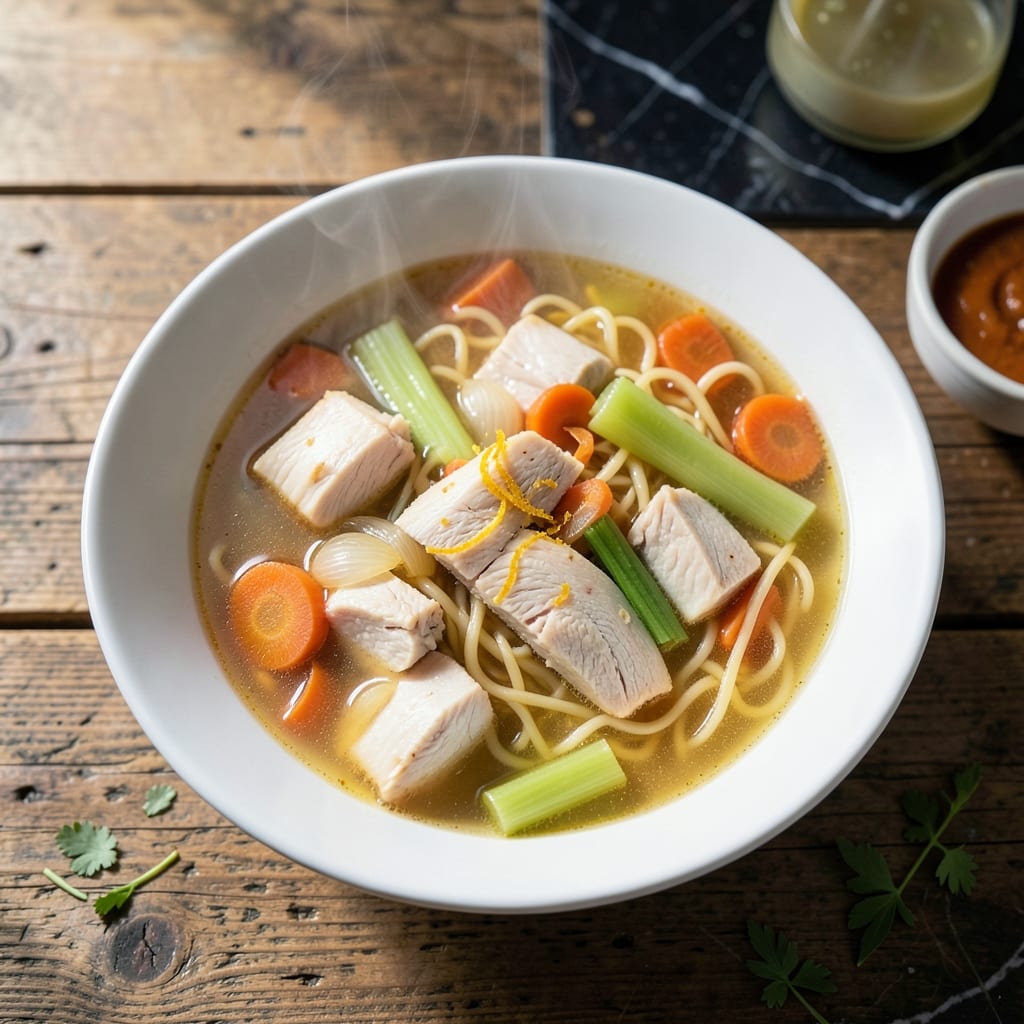 chicken noodle soup recipe instant pot illustration with key details