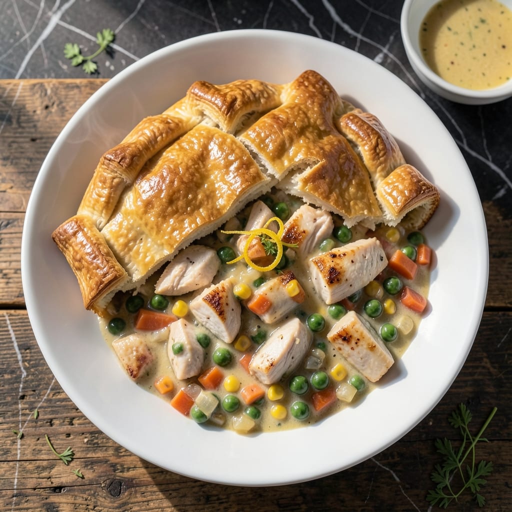 chicken pot pie recipe using cream of chicken soup illustration with key details
