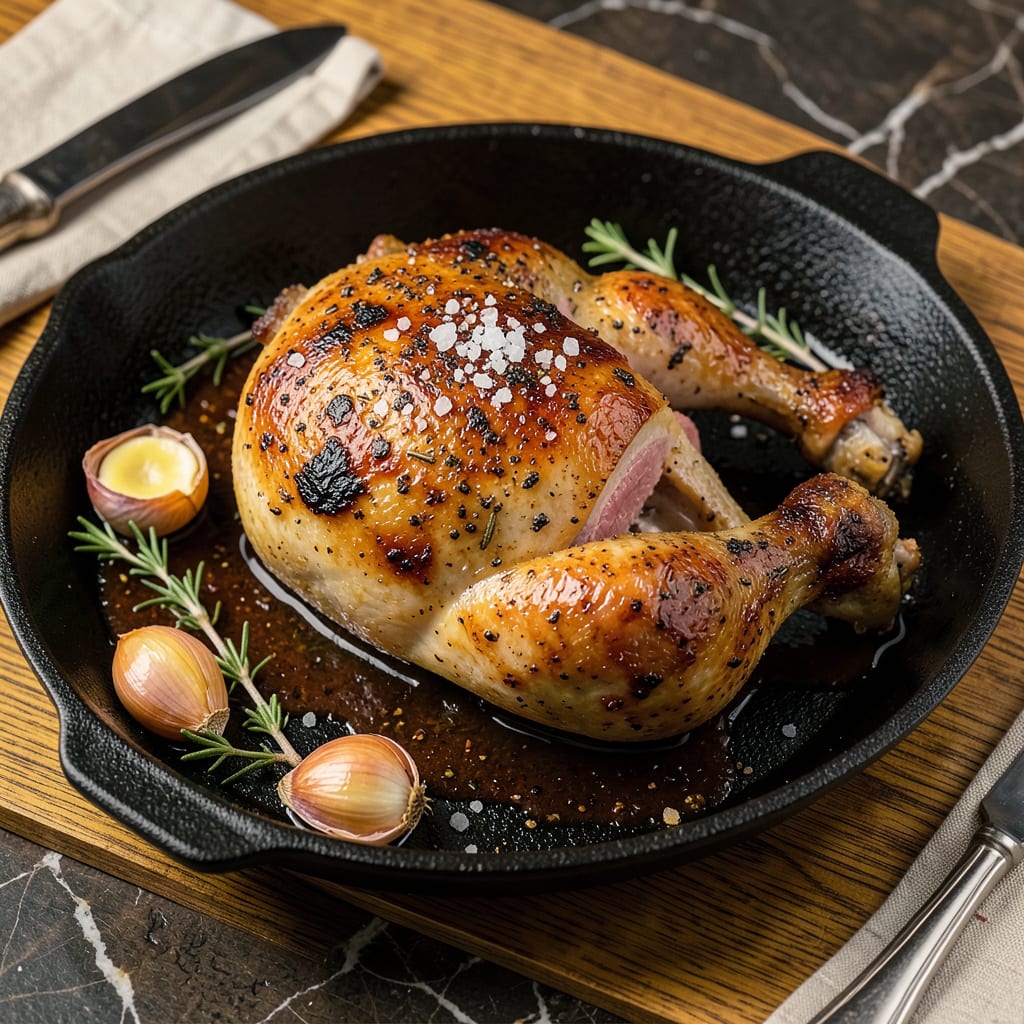 **Chicken With Rib Meat Recipe: Juicy Dark Meat with Crispy Skin** illustration with key details