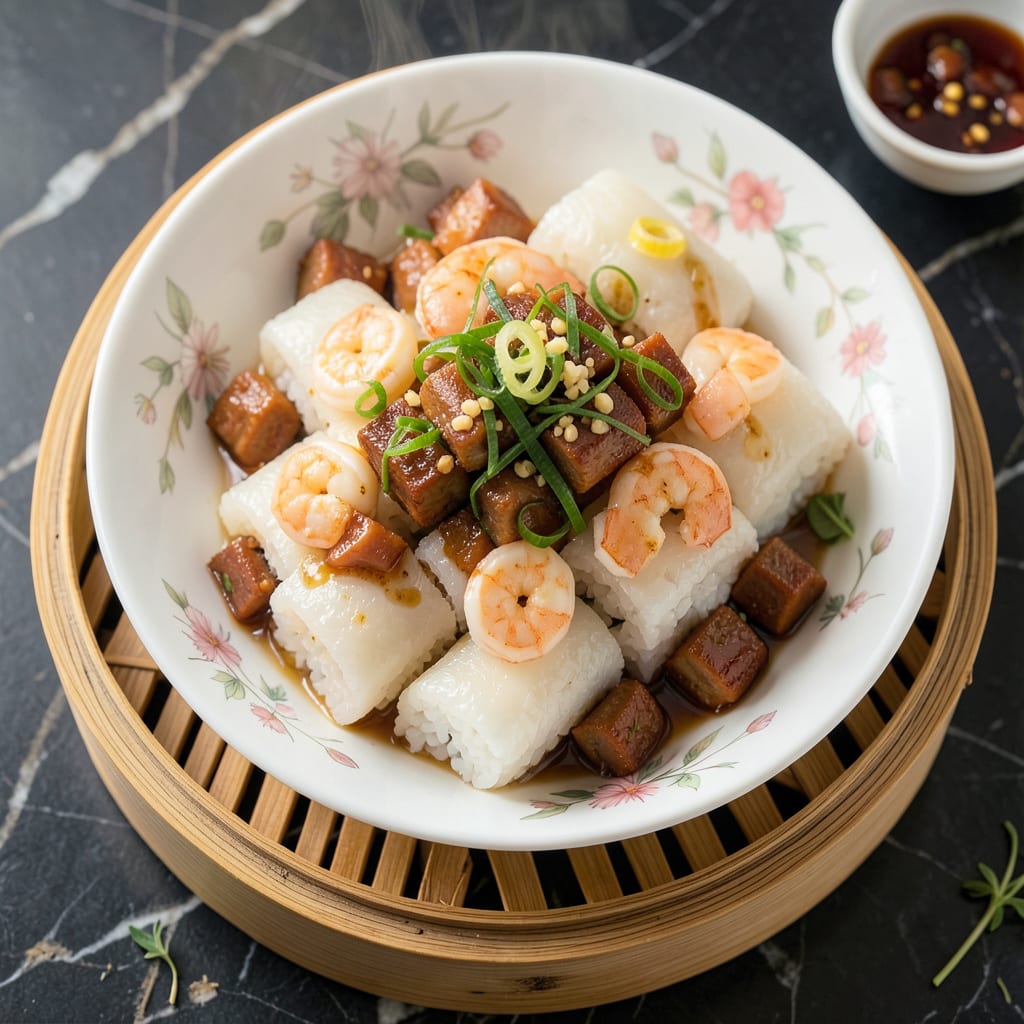 Visual representation of Chinese Steamed Rice Rolls Recipe: Pillowy Soft With Shrimp and Char Siu