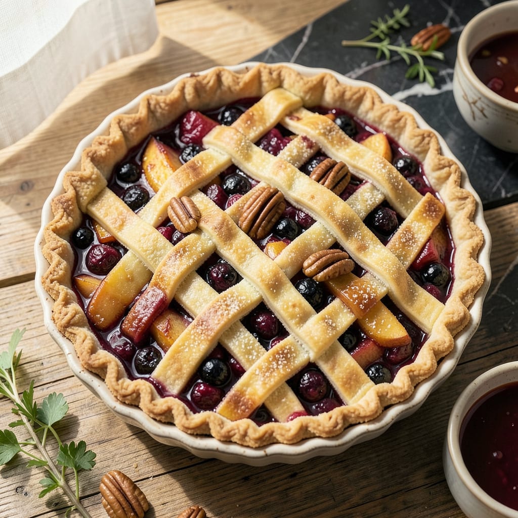 Coco's Harvest Pie Recipe: Spiced Fruit Filling in a Flaky Crust illustration with key details