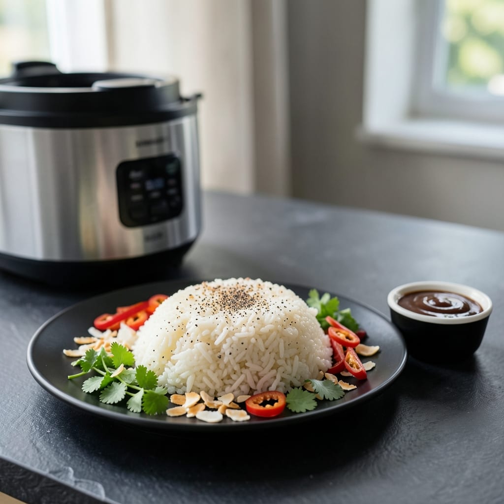 Visual representation of coconut rice recipe rice cooker