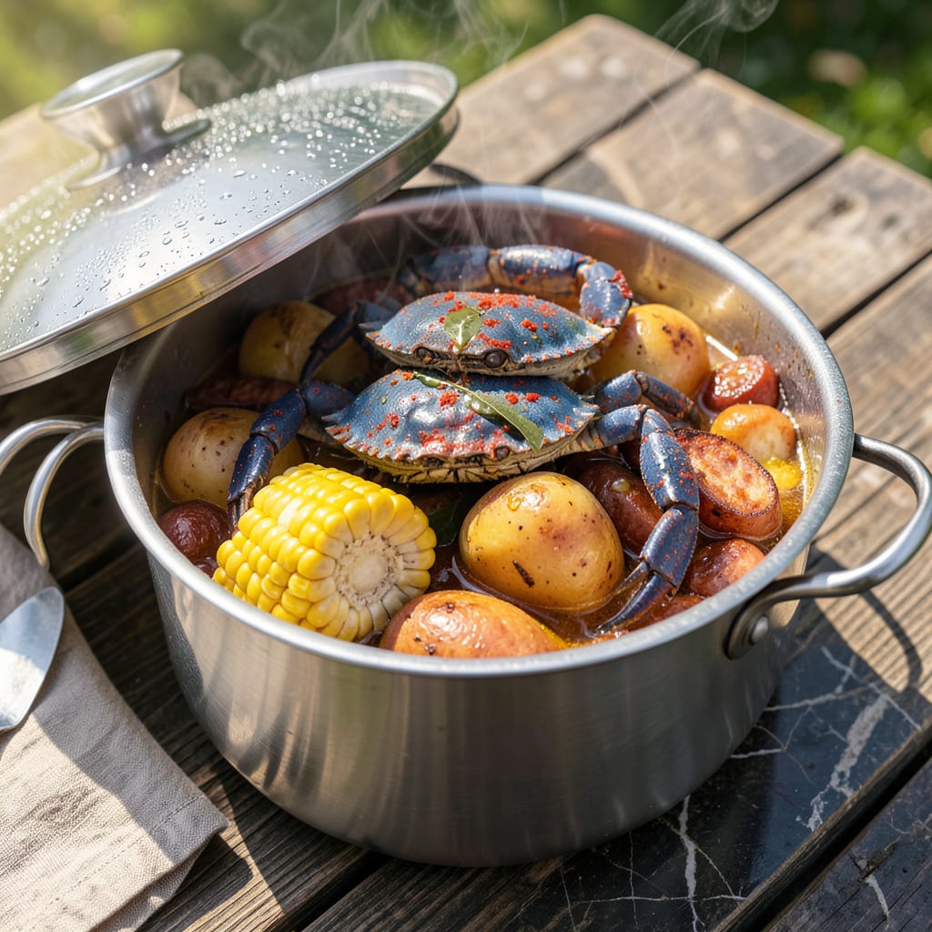Crab Steam Pot Recipe: Old Bay Infused Seafood Boil example with annotations
