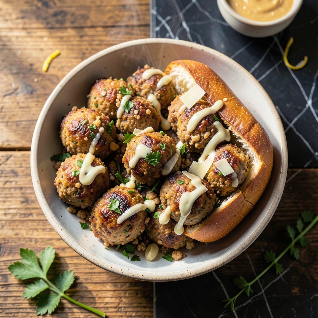 Meatball Sub Recipe Without Tomato Sauce: Garlic-Herb White Sauce Drizzle Meatball Sub Recipe Without Tomato Sauce: Garlic-Herb White Sauce Drizzle