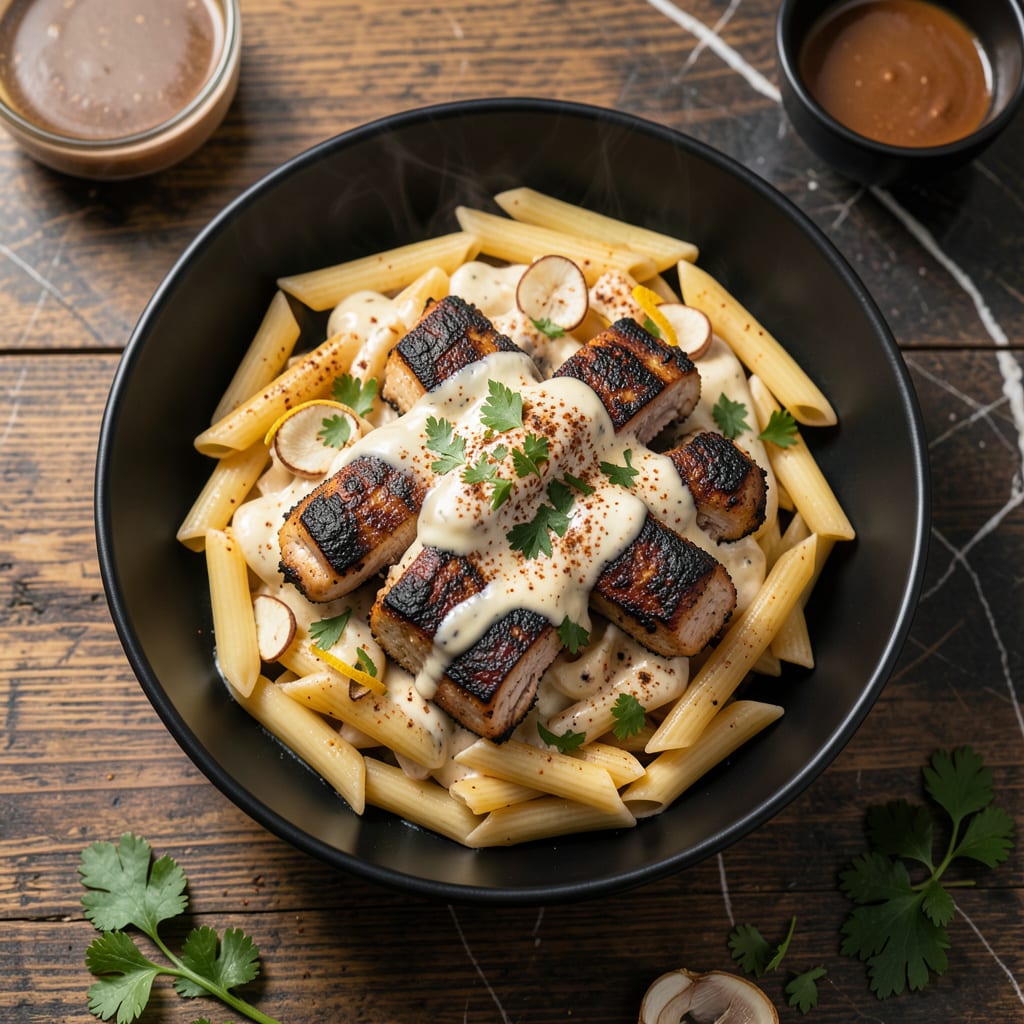 demos blackened chicken pasta recipe illustration with key details