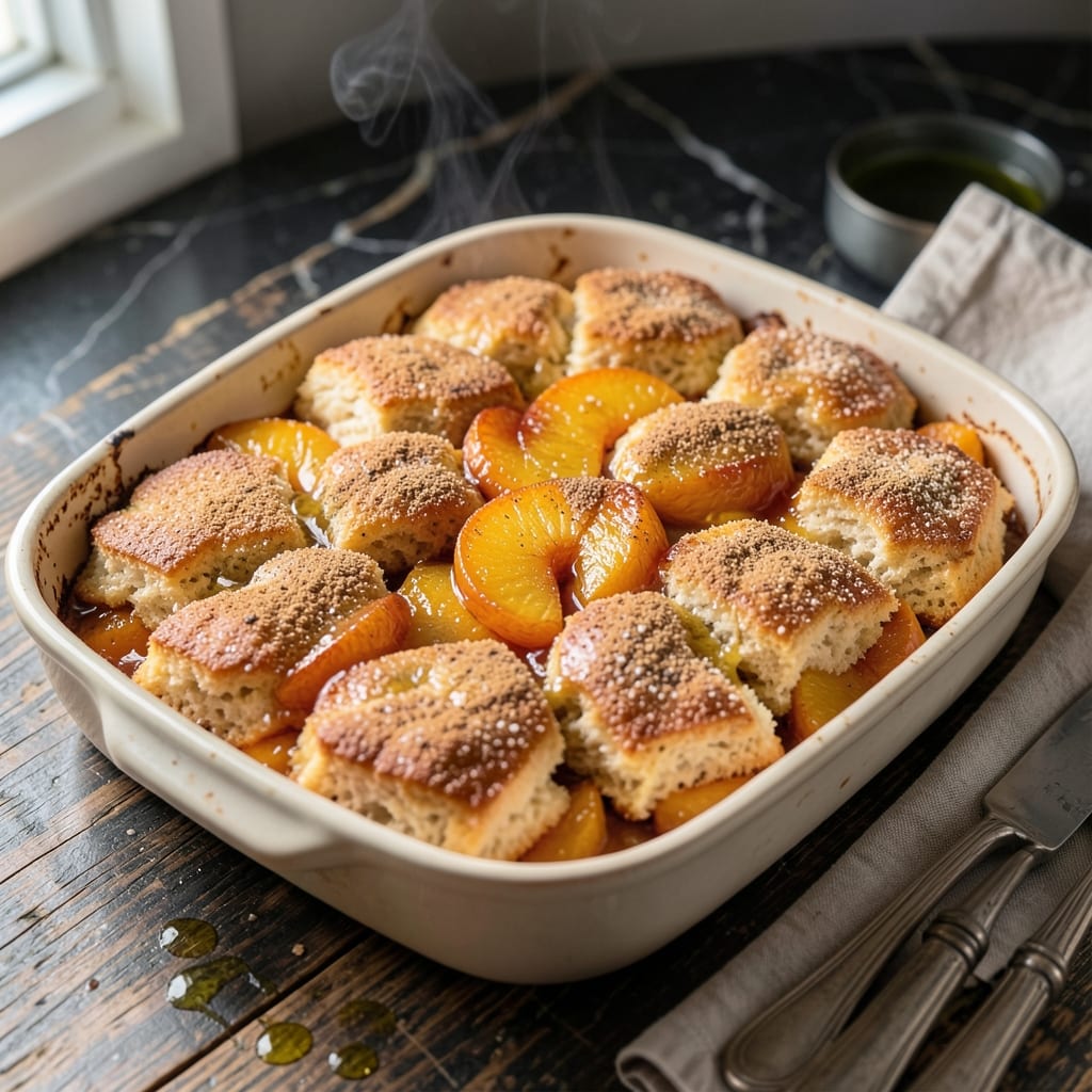 Visual representation of Easy Peach Cobbler Recipe With Canned Peaches: Buttery Biscuit Topping Over Sweet Peaches