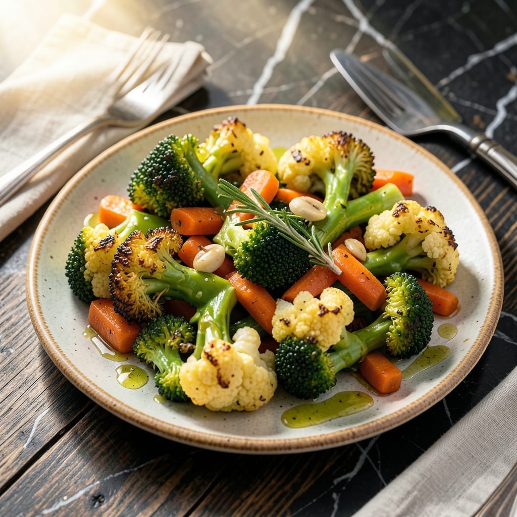 Broccoli, Cauliflower and Carrots Recipe: Roasted Trio with Garlic-Herb Finish Broccoli, Cauliflower and Carrots Recipe: Roasted Trio with Garlic-Herb Finish