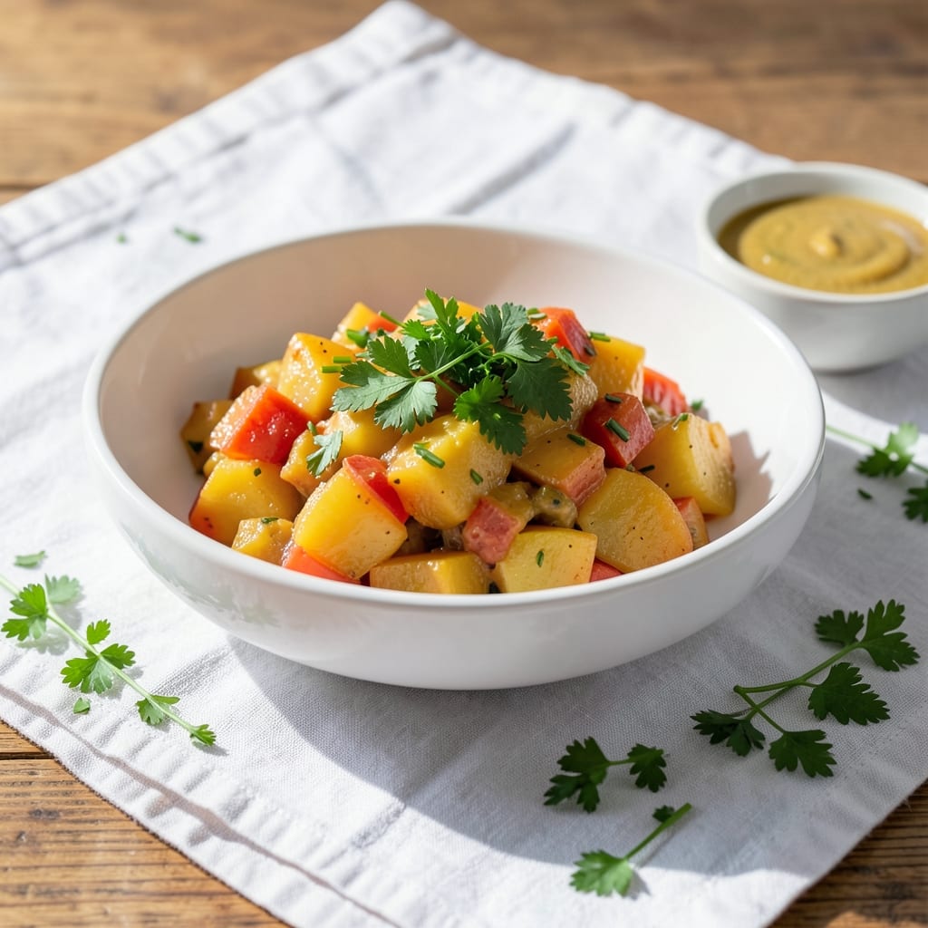 Visual representation of German Potato Salad Recipe Warm: Tangy Bacon Infused Side Dish