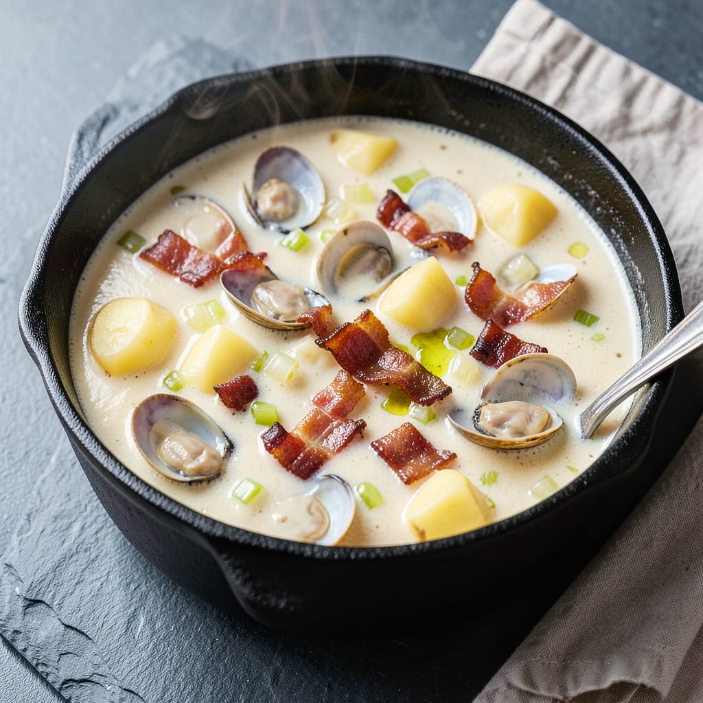 Gordon Ramsay's Clam Chowder Recipe: Creamy New England Comfort illustration with key details