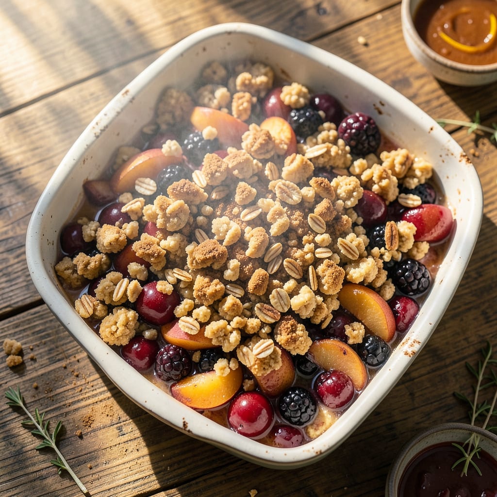 Humble Crumble Recipe: Buttery Topping Over Warm Spiced Fruit illustration with key details