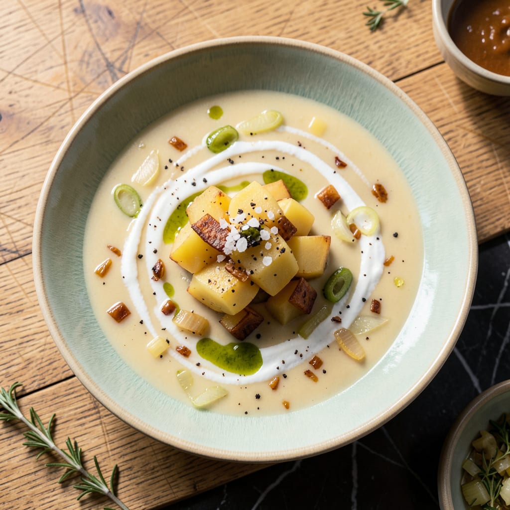 ina garten potato leek soup recipe illustration with key details