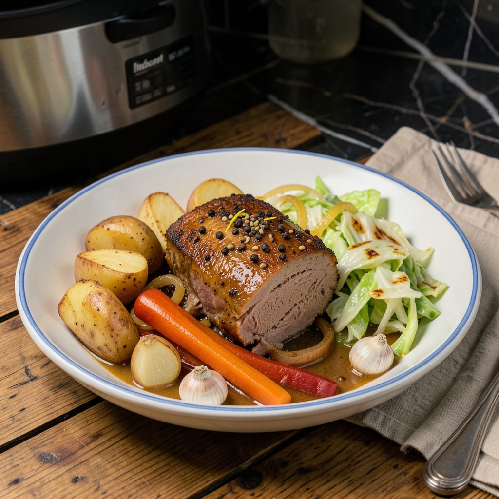 Visual representation of instapot corned beef and cabbage recipe