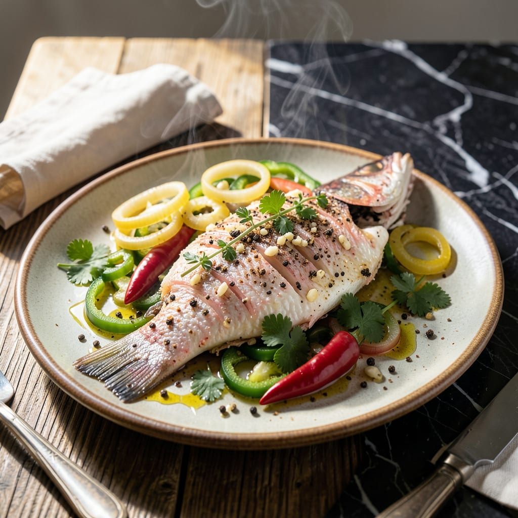 Jamaican Recipe for Steamed Red Snapper Fish: Island Spice Infused Flaky Perfection illustration with key details