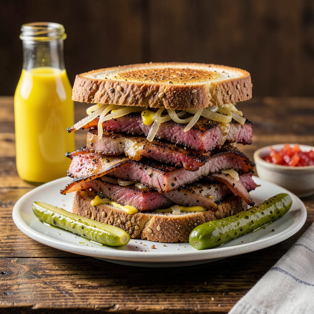 Katz Deli Pastrami Sandwich Recipe: Smoky, Tender Layers on Rye example with annotations