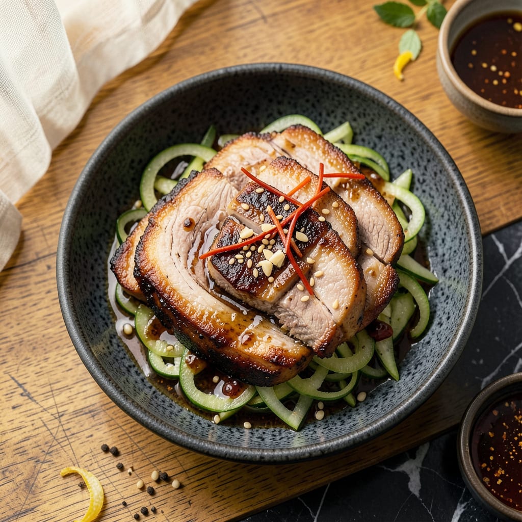 marinated pork belly recipe illustration with key details