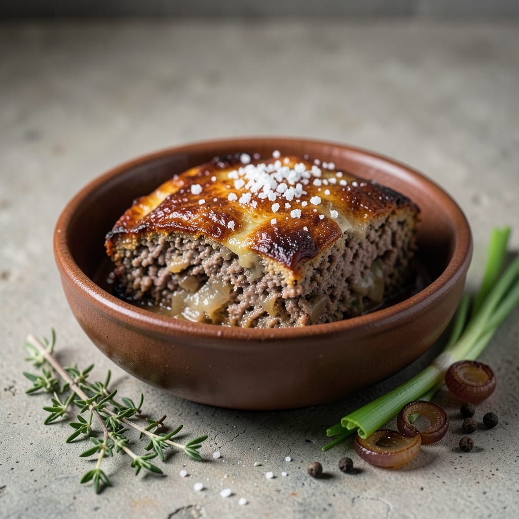 Visual representation of meatloaf recipe using french onion soup