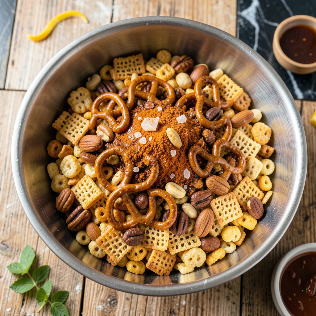 Original Texas Trash: Crunchy, Spicy Party Mix That Disappears Fast example with annotations