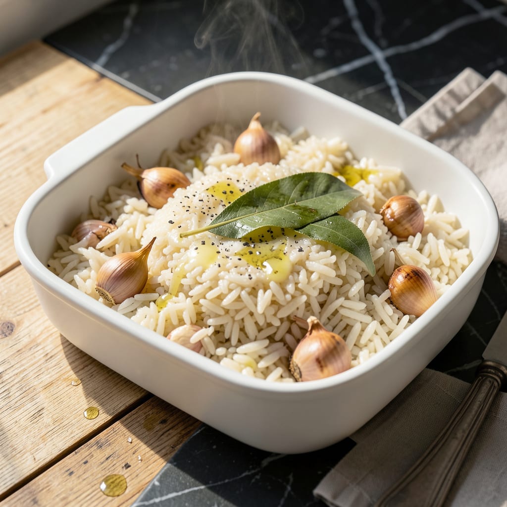 Oven Steamed Rice Recipe: Fluffy Grains Without the Stovetop illustration with key details