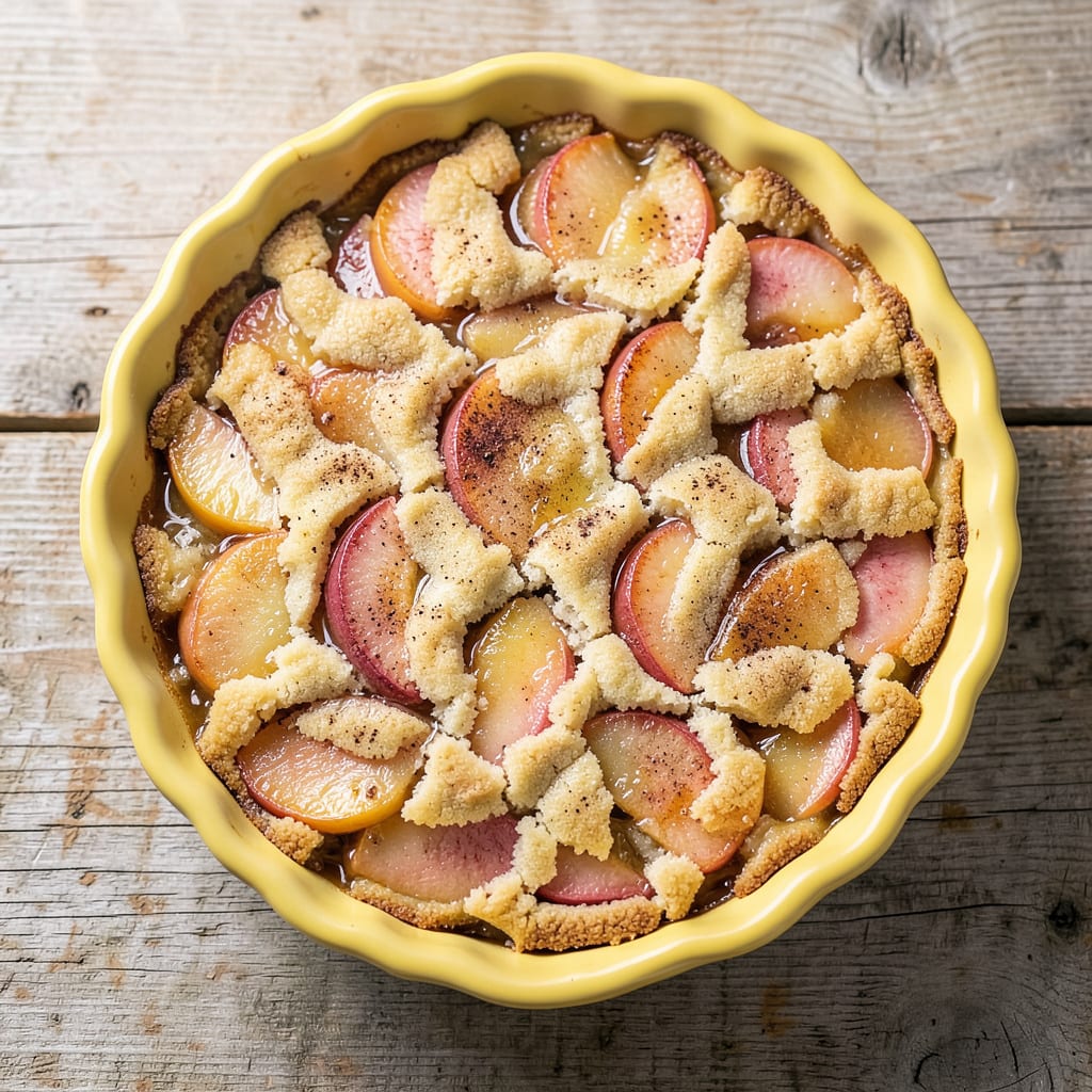 Visual representation of Paula Deen's Peach Cobbler Recipe: Buttery Biscuit Topping Over Juicy Peaches