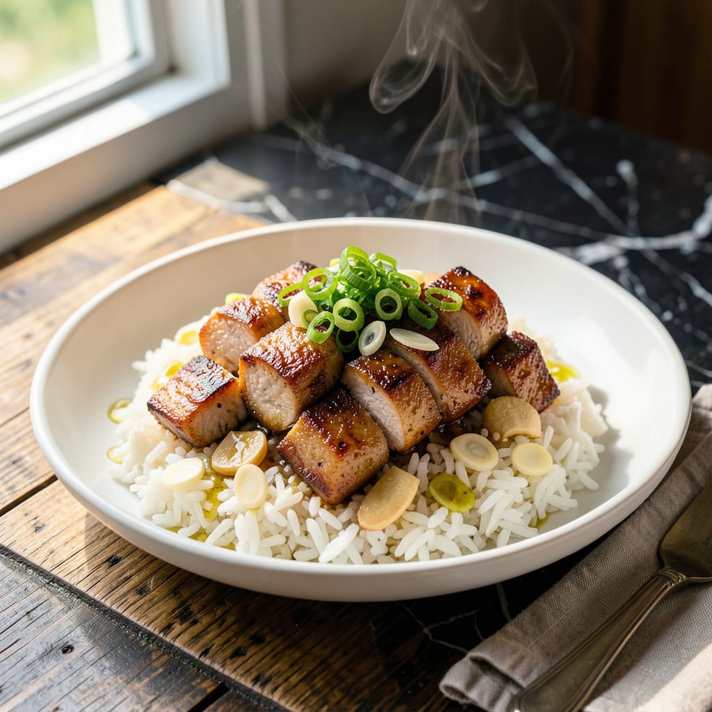 pork steamed rice recipe illustration with key details