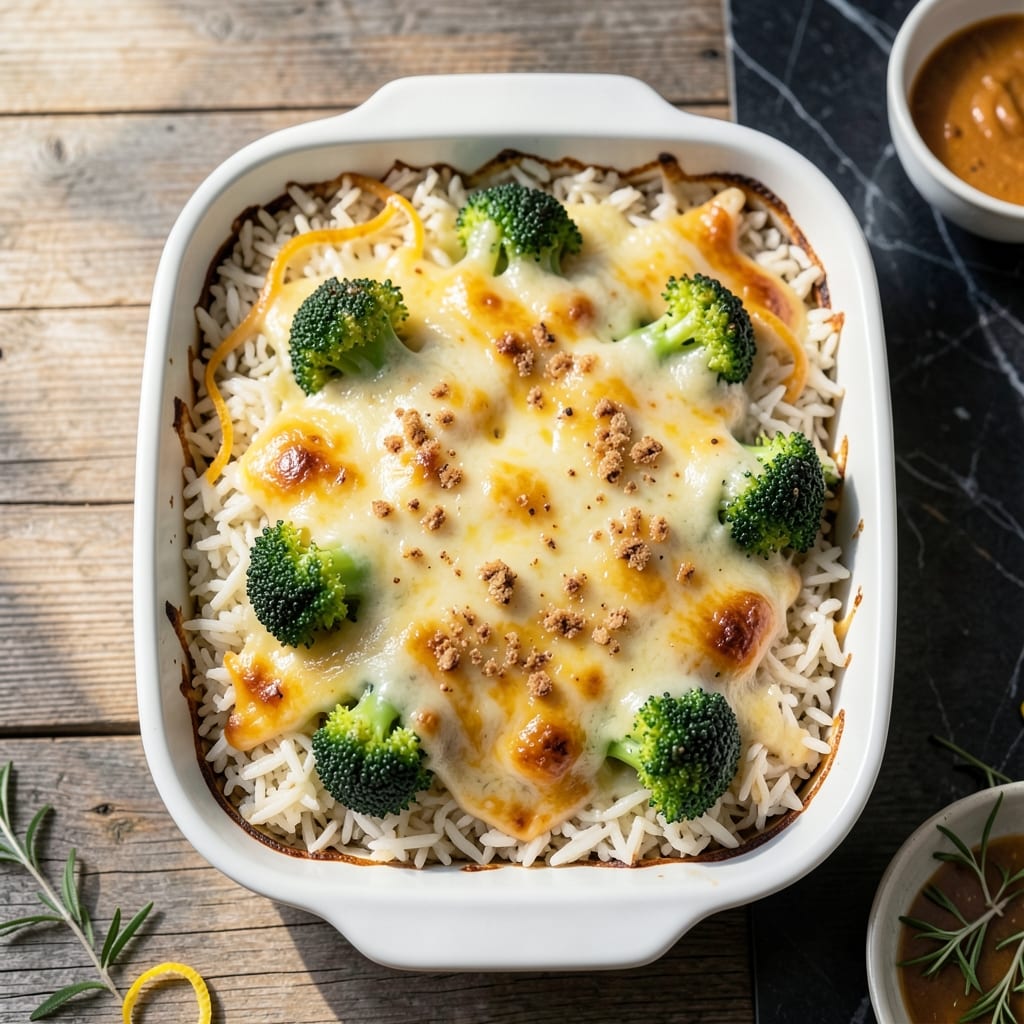 Comprehensive recipe for broccoli and rice casserole with cheese visual reference