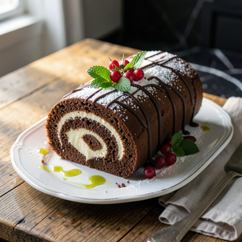 recipe for christmas log cake illustration with key details