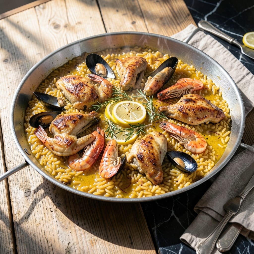 recipe for paella in spanish language illustration with key details