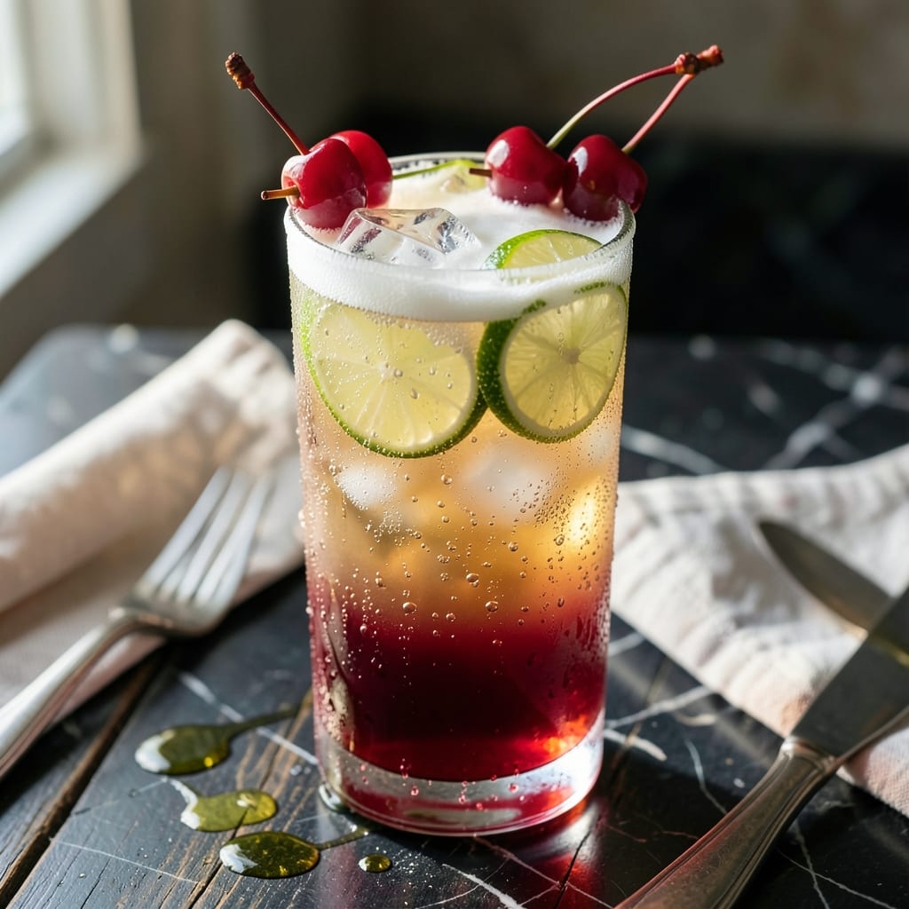 Recipe for Shirley Temple Cocktail: Non Alcoholic Cherry Lime Sparkle illustration with key details