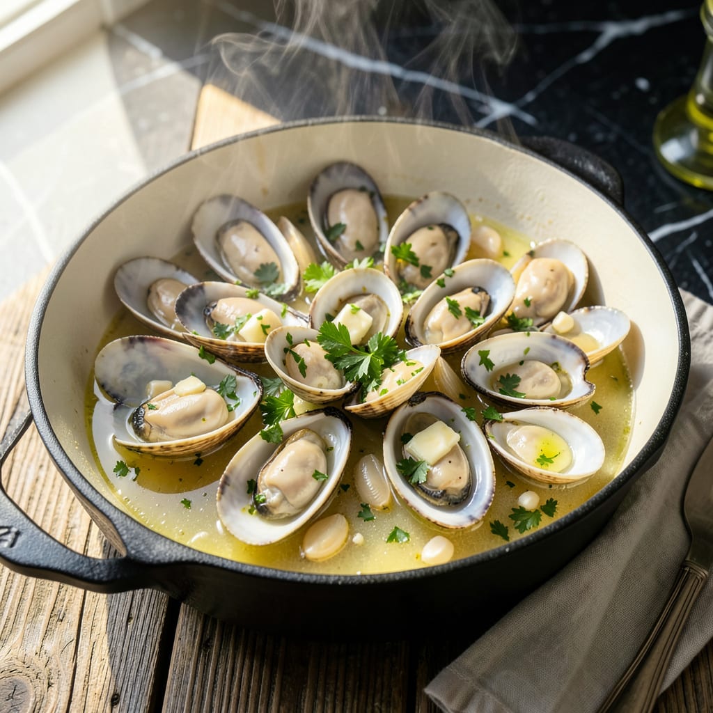 Recipe for Steamed Clams in White Wine Sauce: Briny Sweetness with Garlic and Herbs illustration with key details