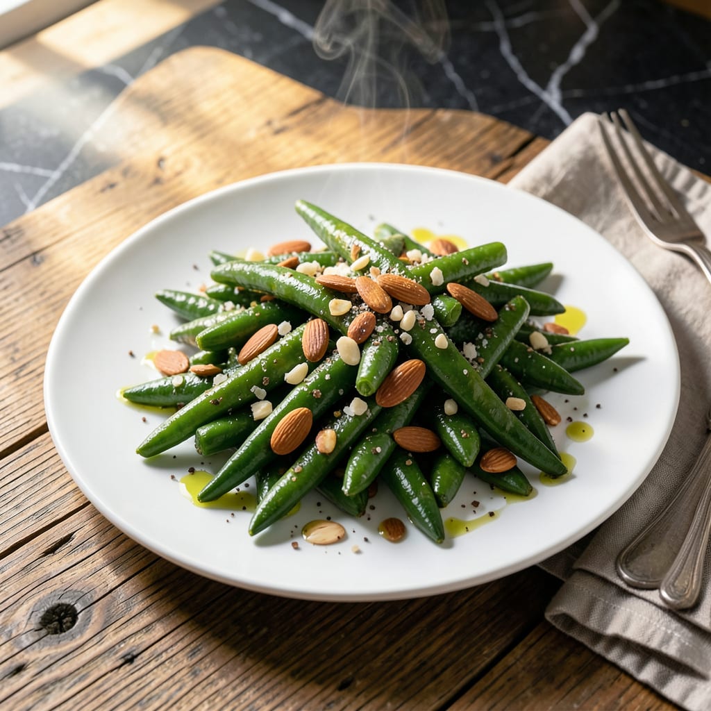Comprehensive Recipe for Steamed Green Beans and Almonds: Crunchy Topping for Fresh Veggies visual reference