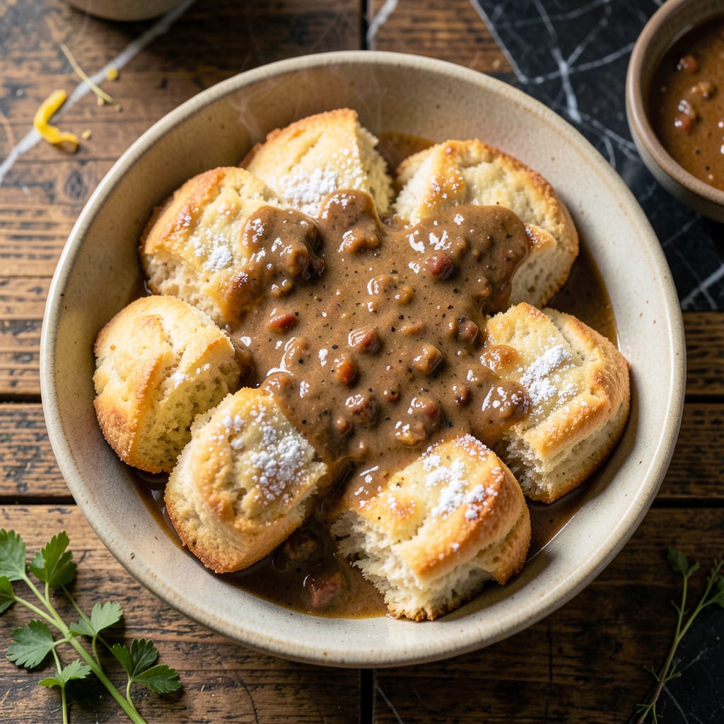Visual representation of Recipe Rehab Biscuits And Gravy: Fluffy Layers with Savory Broth