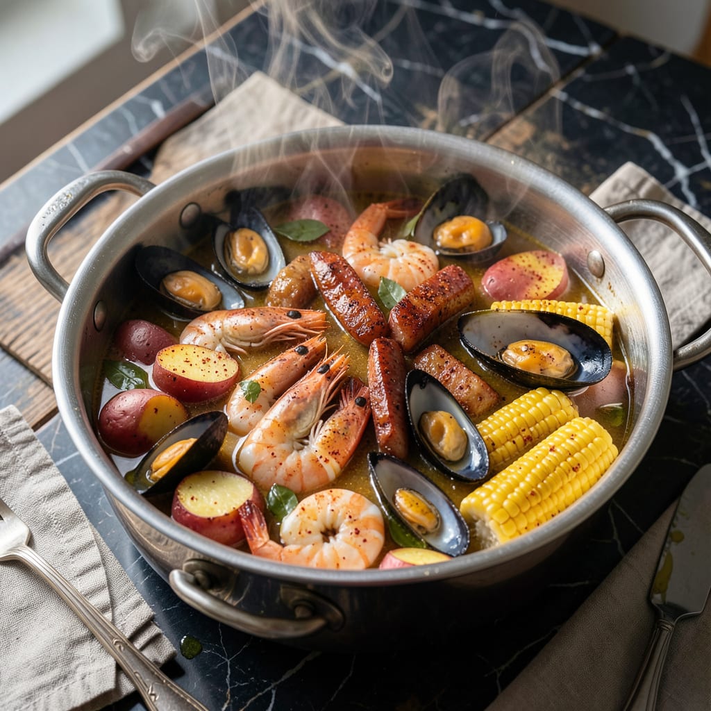 Visual representation of Seafood Steam Pot Recipe: Old Bay Infused Boil with Corn and Sausage
