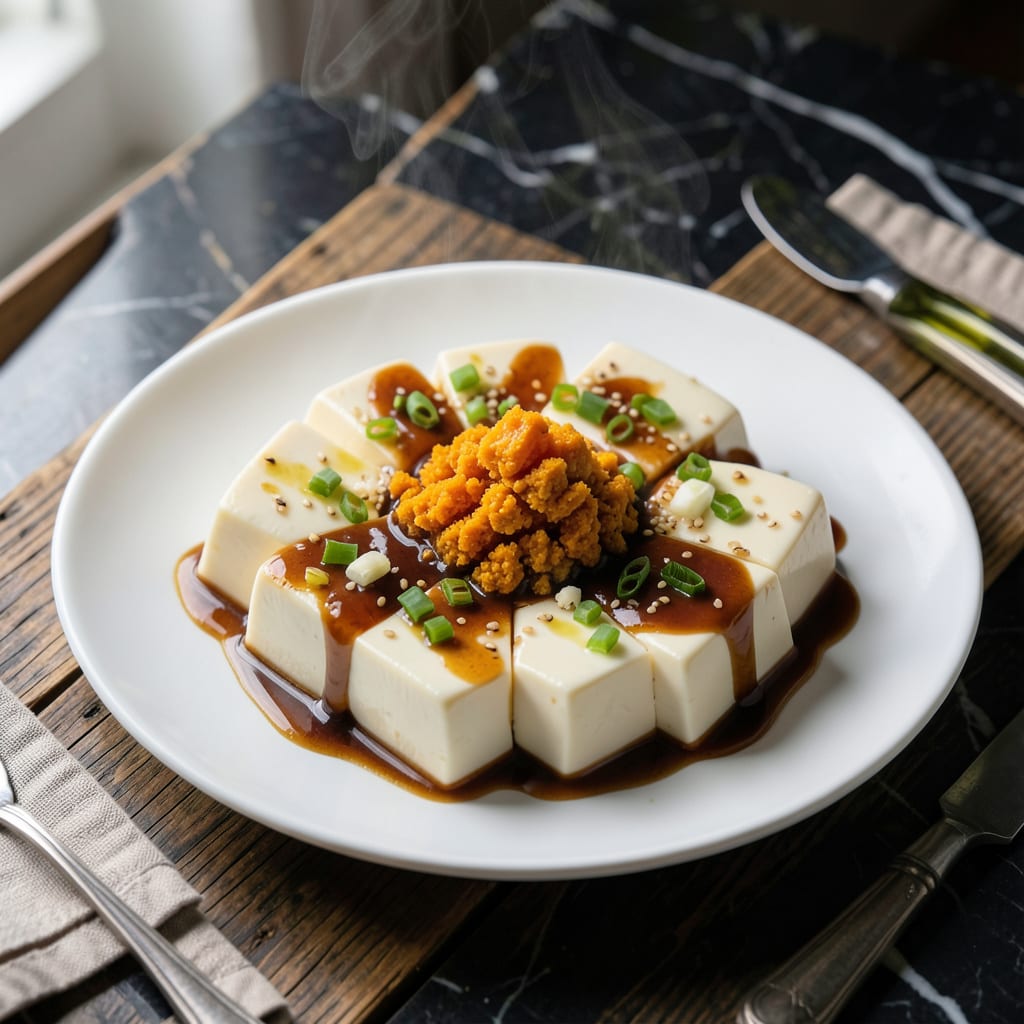steam tofu with salted egg recipe example with annotations