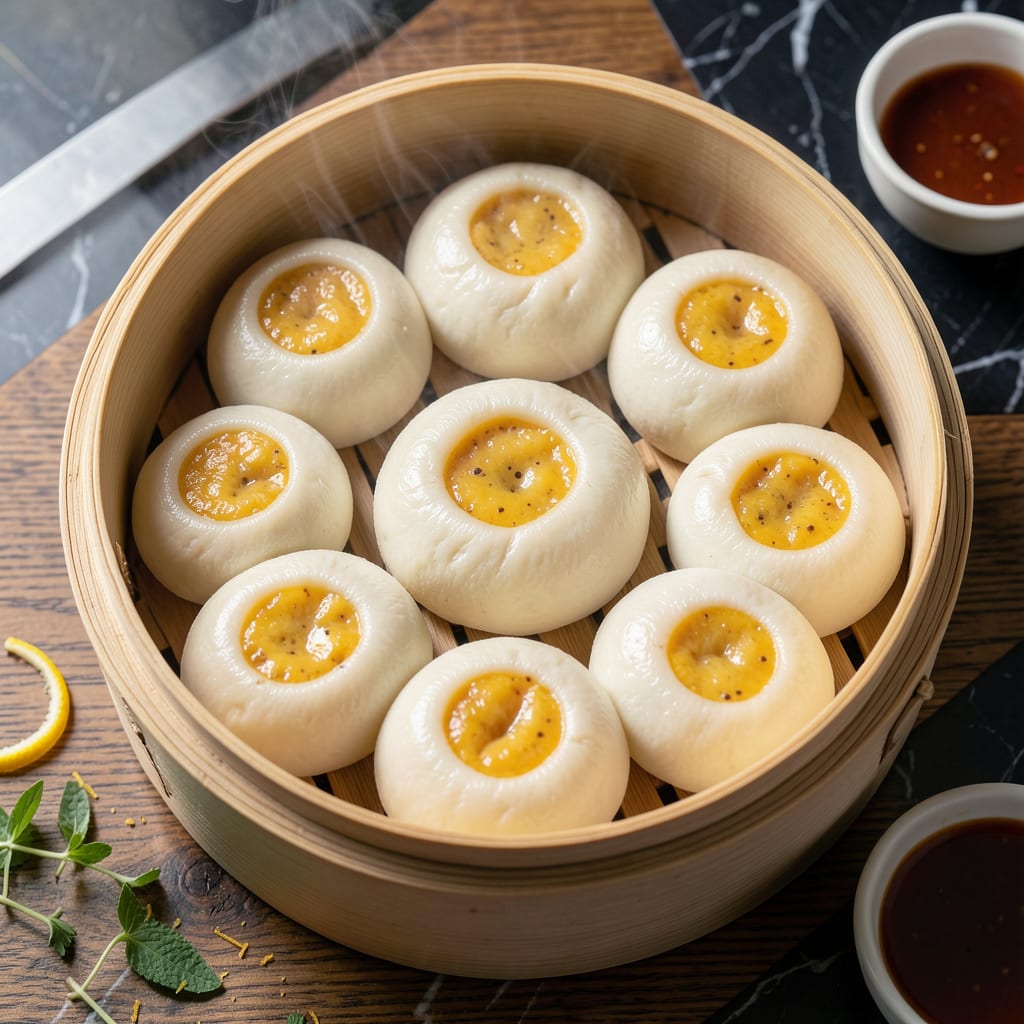 Steamed Egg Custard Bun Recipe: Fluffy Pillows With Sweet Savory Surprise illustration with key details