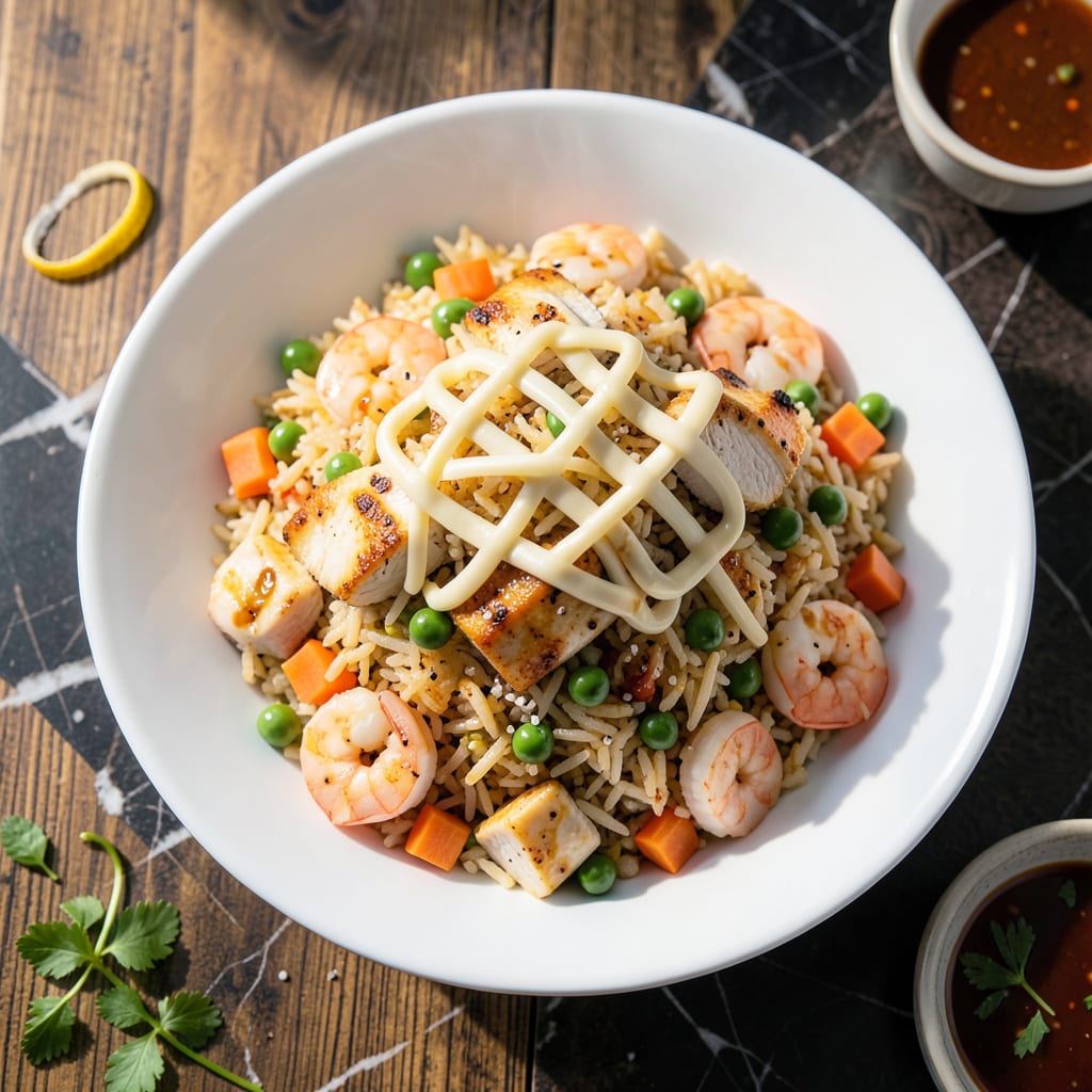Visual representation of steamed fried rice recipe