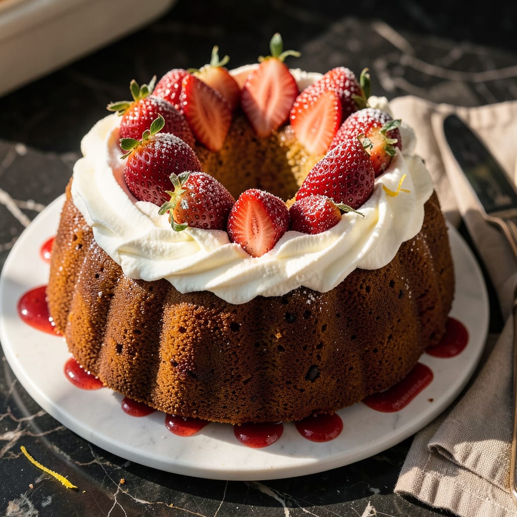 Visual representation of strawberries and cream nothing bundt cake copycat recipe
